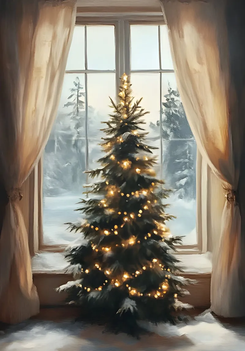 Cozy Window Christmas Tree - Winter Wonderland View canvas with Floater frame by ClubArt