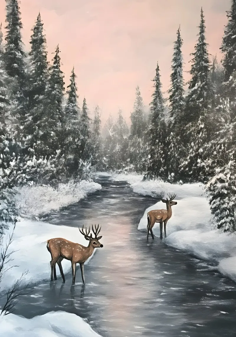 Cervo vicino al fiume innevato - Arte della foresta invernale e della pace poster con telaio in alluminio da ClubArt