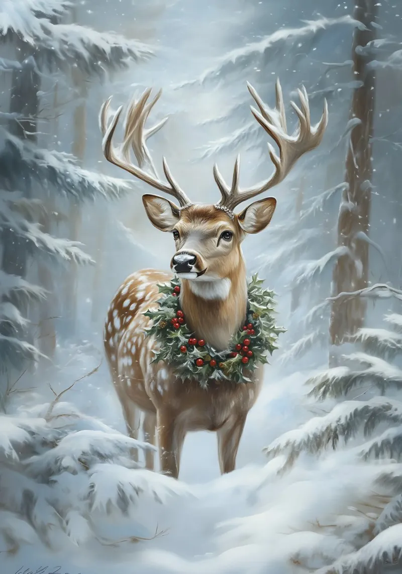 Feestelijke hert met hulstkrans - Besneeuwde Boskunst canvas met Baklijst van ClubArt