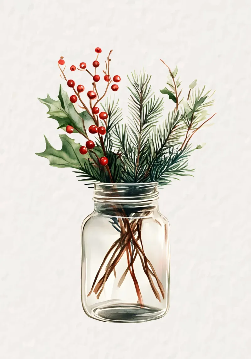 Pot met hulst en dennen - Waterverf botanische kerstkunst canvas met Baklijst van ClubArt