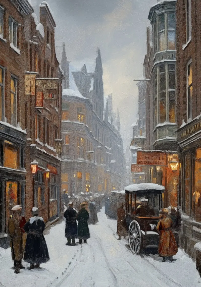 Nevicata della città vittoriana - Accogliente scena di strada invernale poster da ClubArt