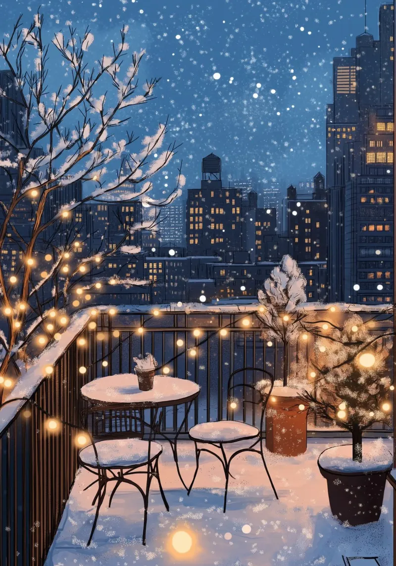Accogliente balcone invernale - Luci sul tetto della città innevata pellicola backlit da ClubArt