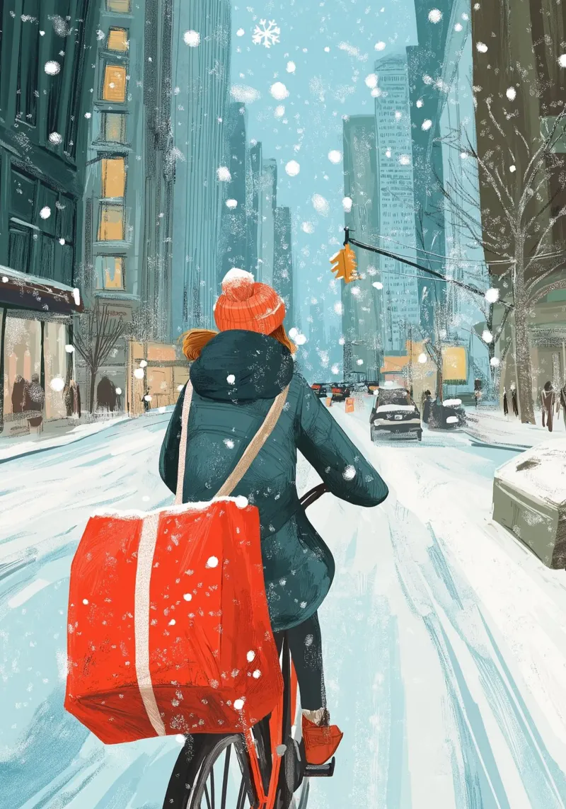 NYC Delivery Bike - Corsa invernale in città innevata Stampa d'arte poster da ClubArt