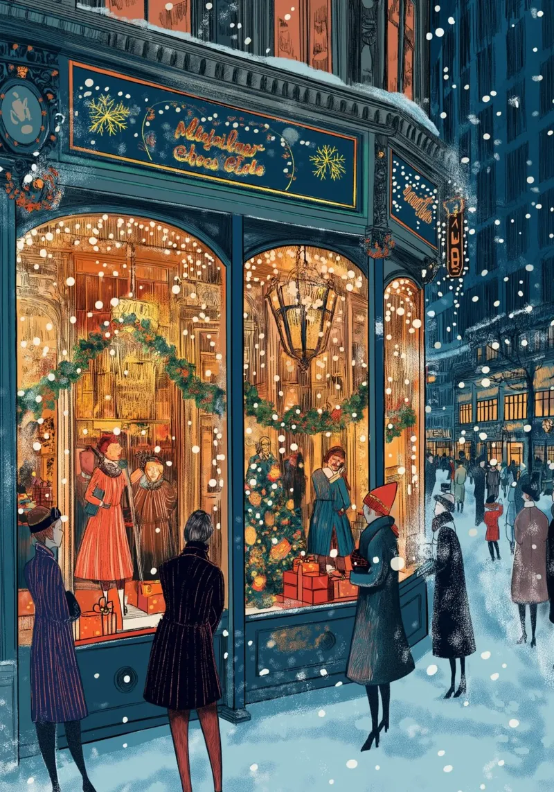 Escaparate festivo - Escena nevada de compras navideñas metacrilato de ClubArt