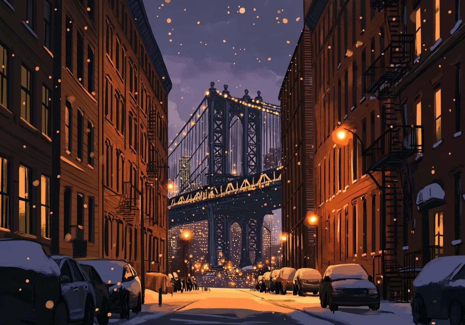 Notte d'inverno a DUMBO - Scena di neve sul ponte di Manhattan pellicola backlit da ClubArt