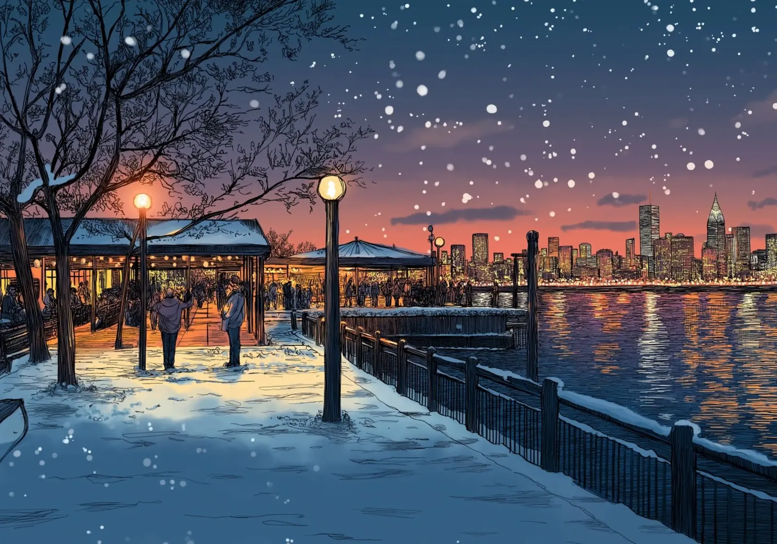 Tramonto sul molo innevato - Raduno invernale sul lungomare di New York pellicola backlit da ClubArt