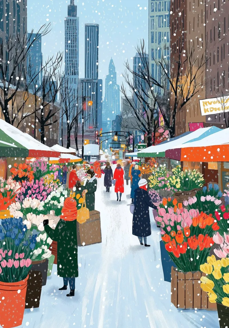 Mercato dei fiori d'inverno - Stampa d'arte della città innevata poster da ClubArt