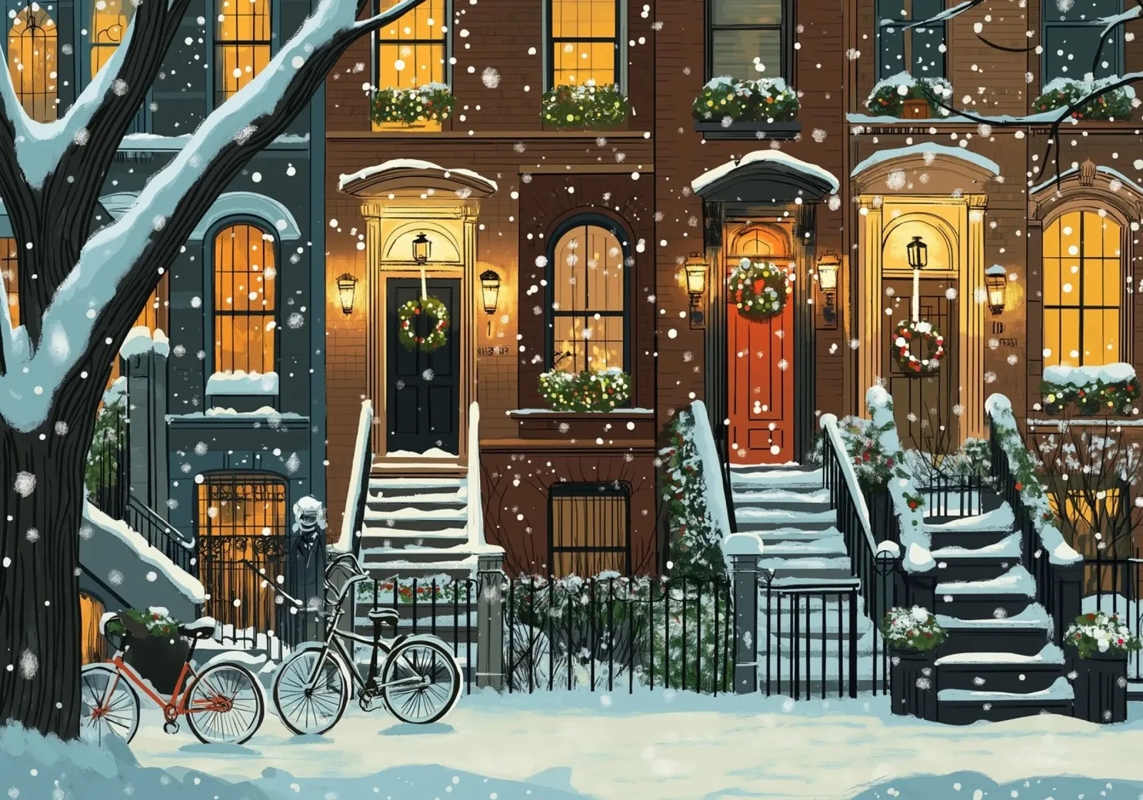 Accogliente Natale in Brownstone - Frontiere innevate della città pellicola backlit da ClubArt