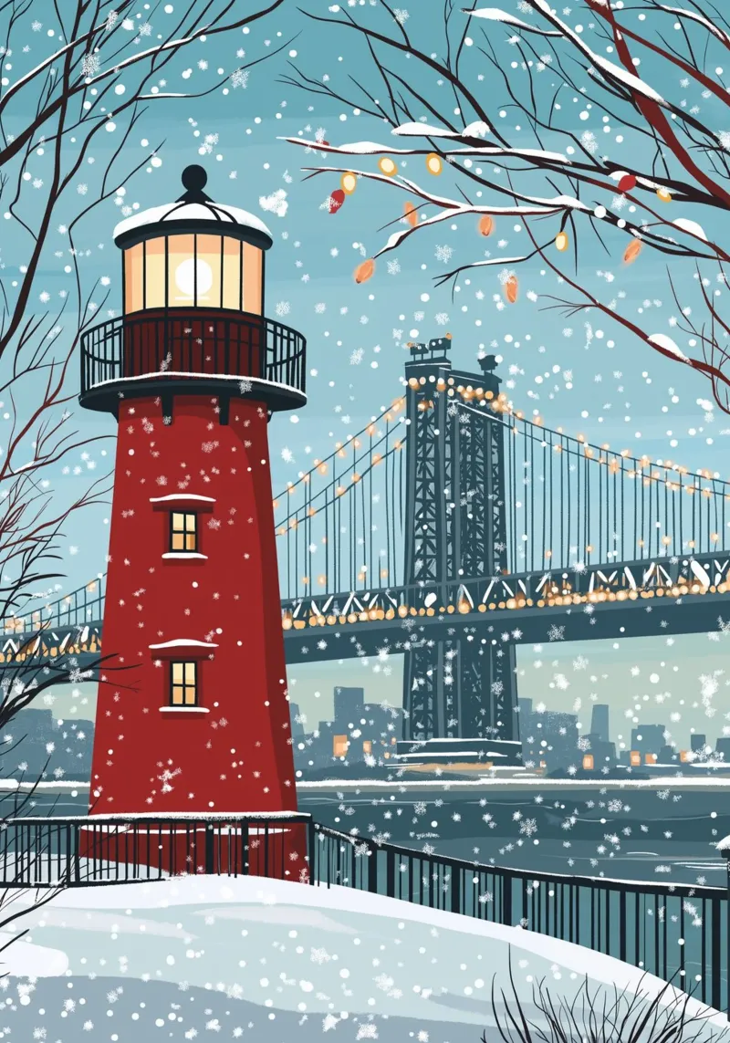 Faro rosso d'inverno - Ponte e paesaggio urbano innevati poster con telaio in alluminio da ClubArt