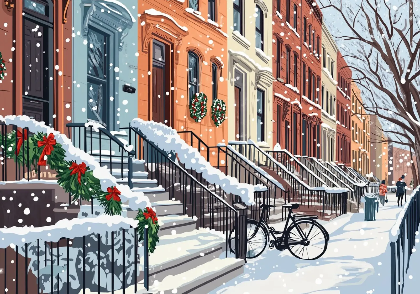 Festliche Brownstone Stoops - Verschneite Weihnachtsszene in der Stadt Poster von ClubArt
