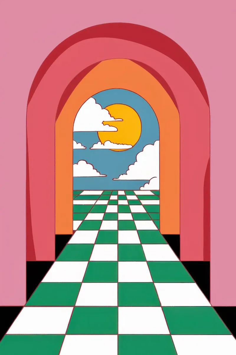 Il sentiero a scacchi verso il tramonto poster con telaio in plastica da Mossy Pigment