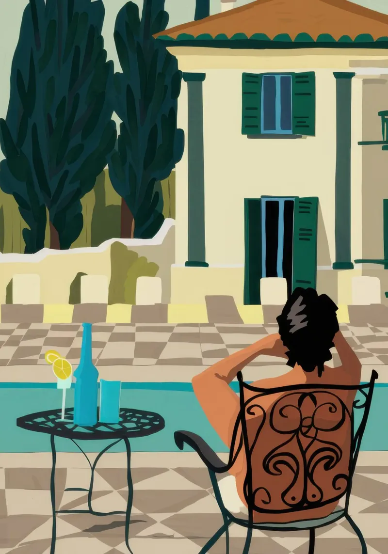 Terrace Siesta Serenity poster con telaio in plastica da Mossy Pigment
