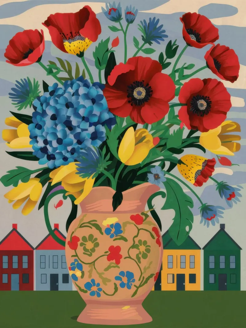 Bouquet di papaveri del folclore poster con telaio in alluminio da Arcane Lines