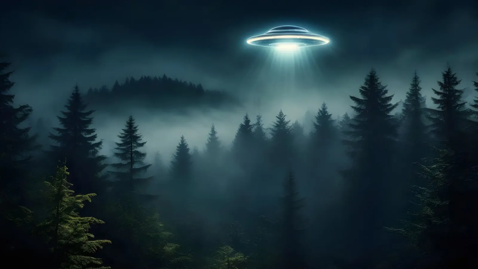 UFO in volo su una foresta pellicola backlit da Magic Screen