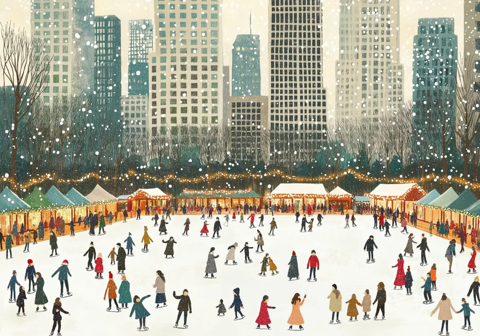 Pista di pattinaggio su ghiaccio NYC - Scena di un villaggio invernale innevato poster con telaio in alluminio da ClubArt