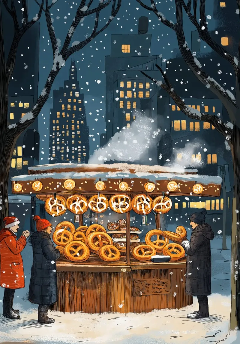 Stand di Pretzel di New York - Arte del cibo di strada invernale innevato poster con telaio in plastica da ClubArt