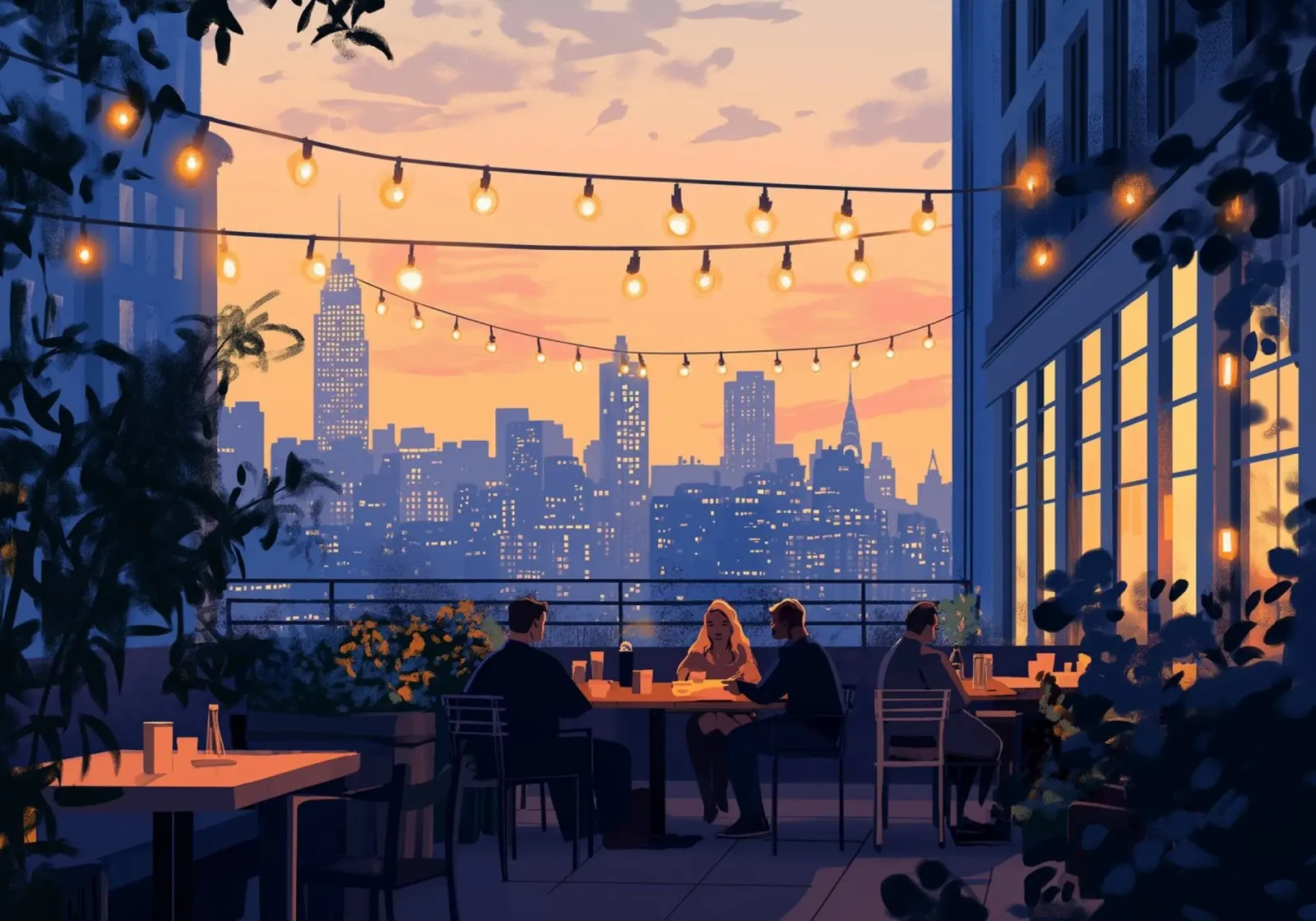 Diner op het dak zonsondergang - NYC avondkunst canvas met Baklijst van ClubArt