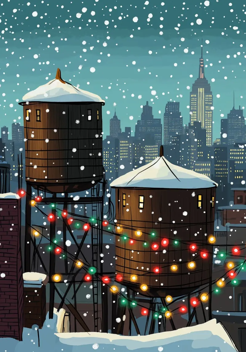 Torres de agua de Nueva York - Luces navideñas en los tejados nevados poster con marco de aluminio de ClubArt