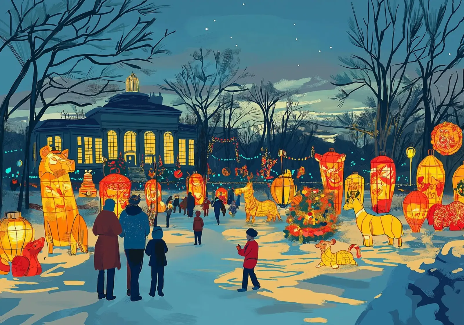 Lunar New Year Lantern Festival - Snowy Park Lights canvas with Floater frame by ClubArt