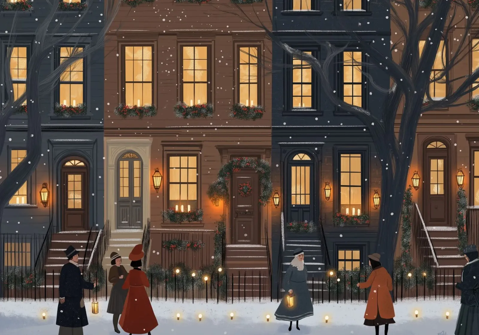 Gemütlicher Brownstone-Abend - Verschneite Weihnachtslieder Kunst Poster von ClubArt
