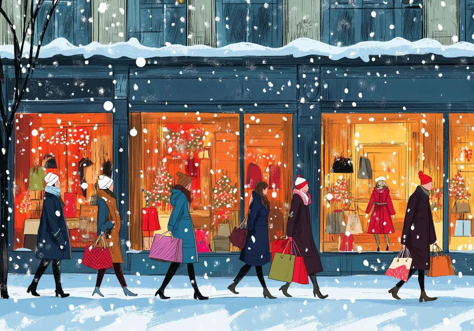 Lèche-vitrines festif - Scène de Noël enneigée dans le commerce de détail poster de ClubArt