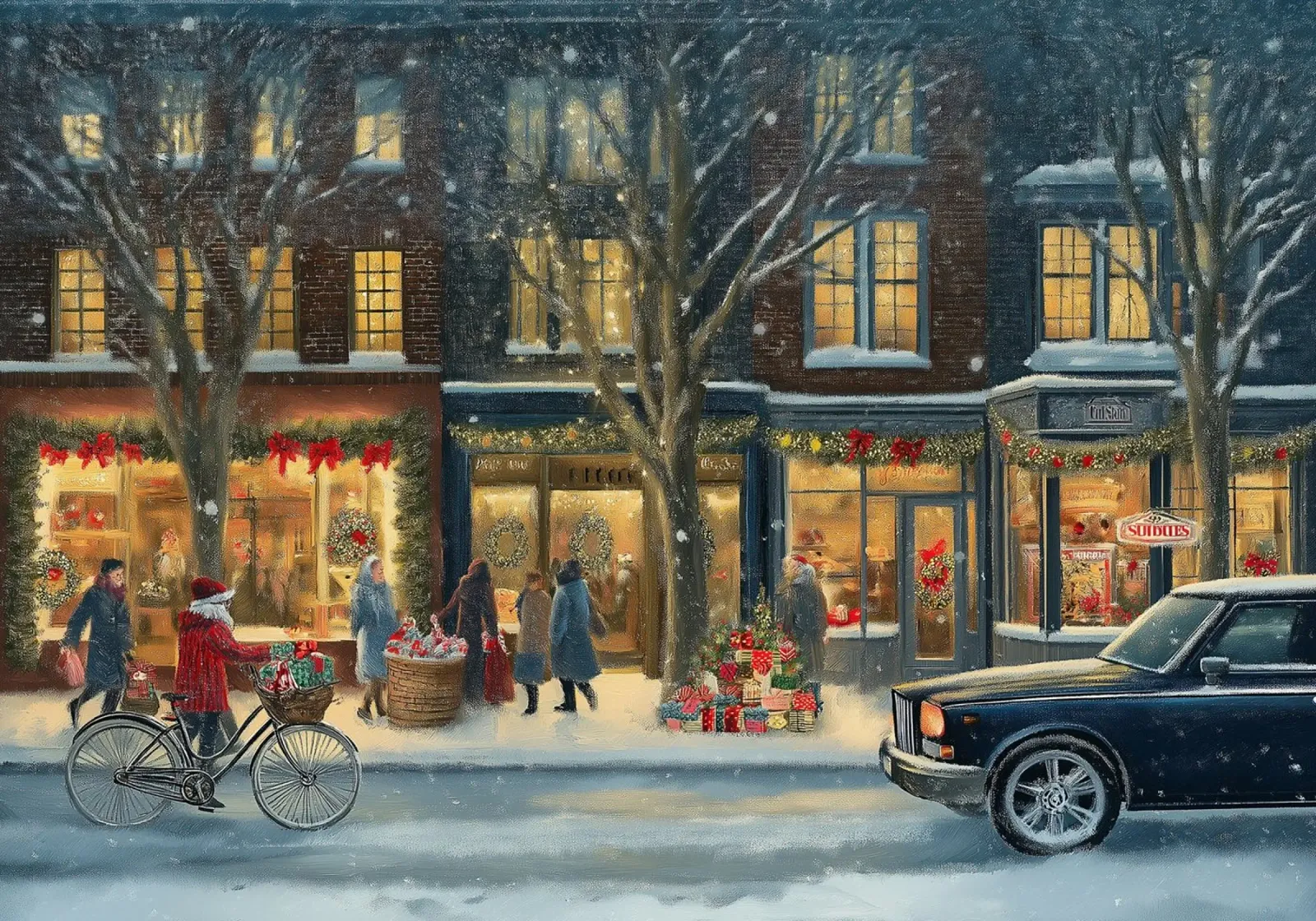 Gezellige kerstwinkelstraat - besneeuwde kerstavond kunst canvas met Baklijst van ClubArt