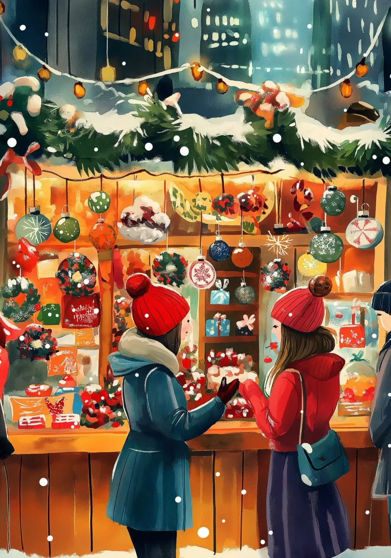 Acogedor mercado navideño - Arte de las compras navideñas en la nieve poster con marco de plástico de ClubArt