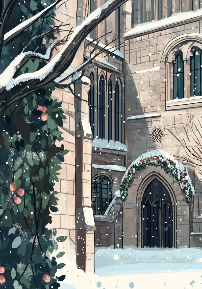 Église enneigée de Noël - Gothic Architecture Winter Art poster de ClubArt