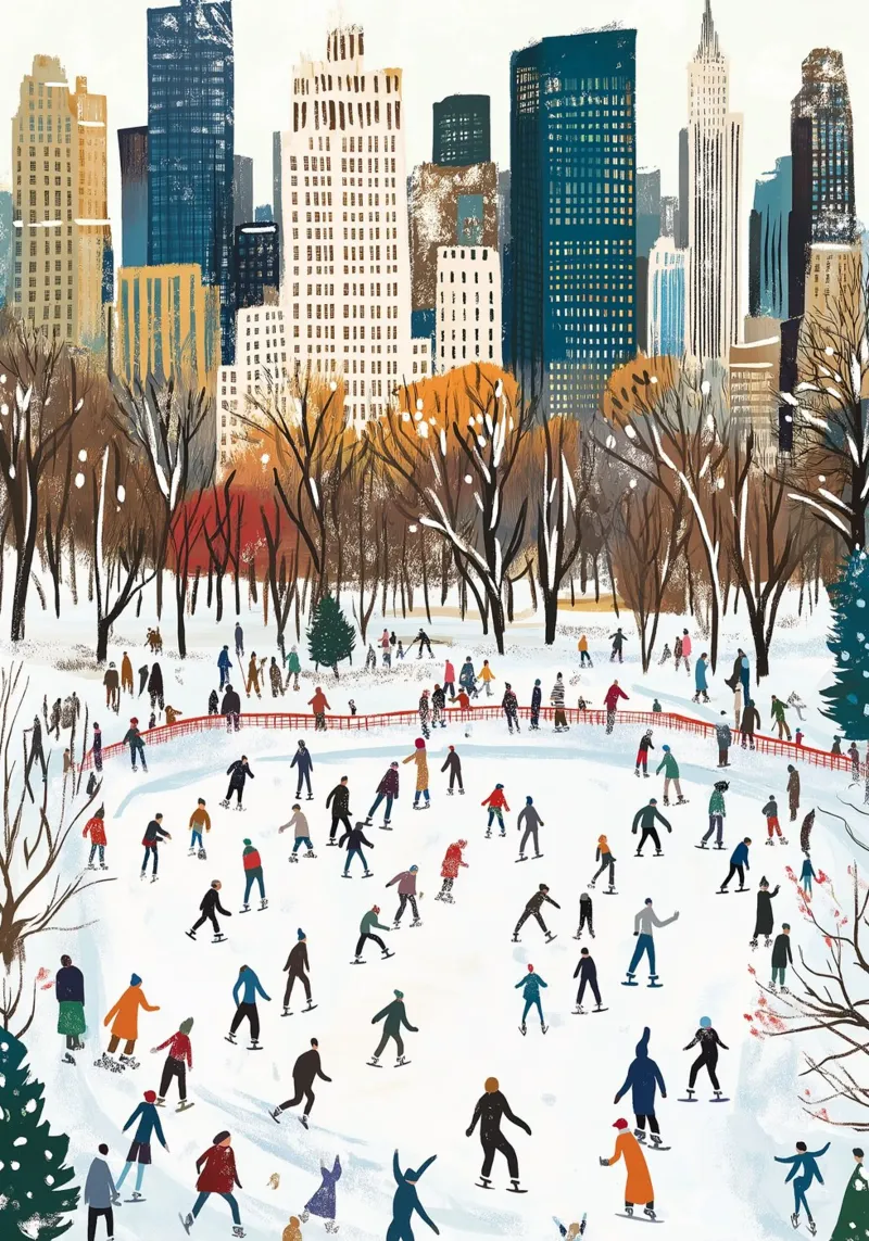 NYC Central Park ijsbaan - winters schaatsplezier in de sneeuw canvas met Baklijst van ClubArt