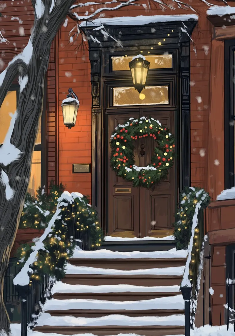 Gemütlicher Brownstone-Eingang - Verschneiter Weihnachts-Türschmuck Poster mit Aluminium Rahmen von ClubArt