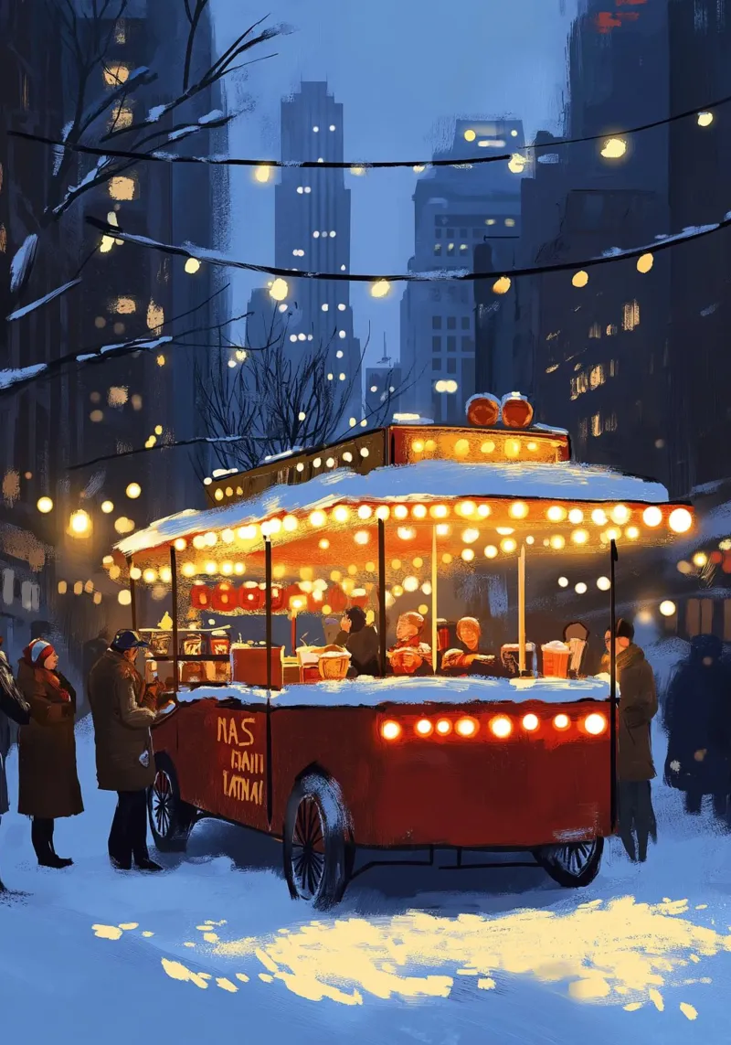 Accogliente stand di cioccolata calda - Scena di mercato invernale innevato poster da ClubArt