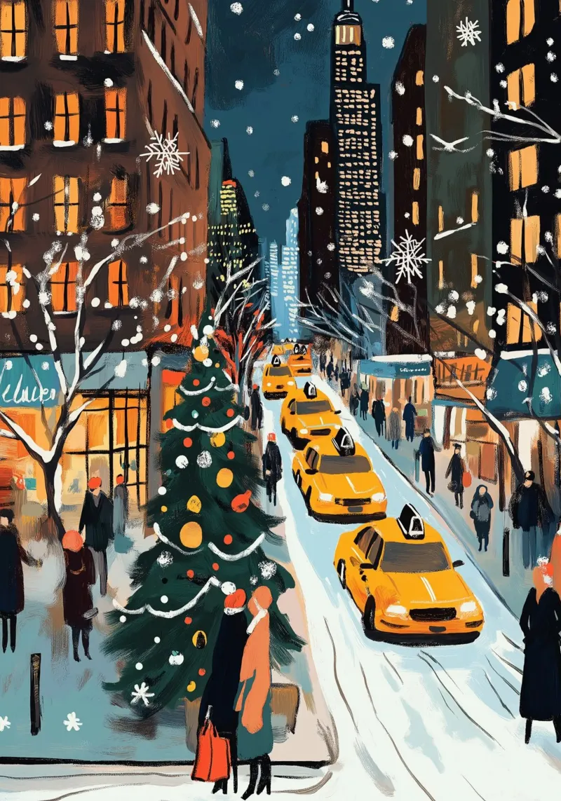 NYC, strada di Natale innevata - Scena di vacanza con taxi giallo plexiglass da ClubArt