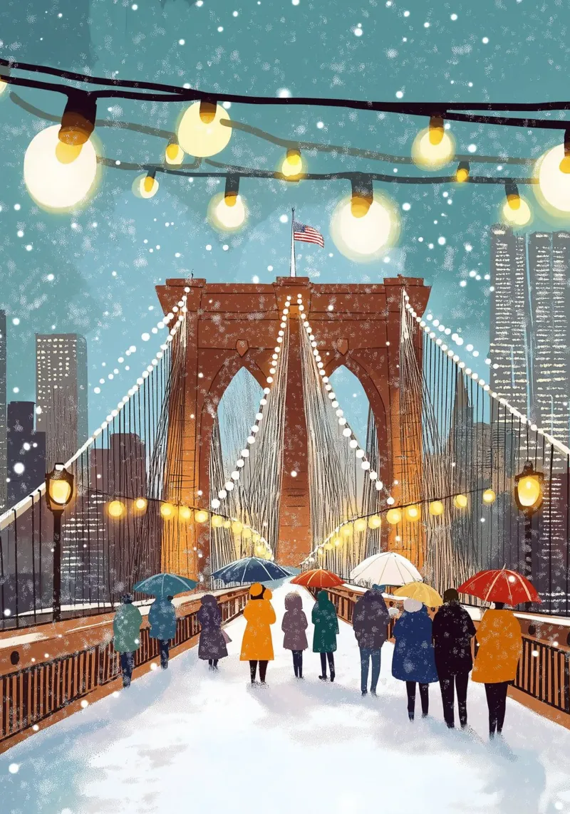 Besneeuwde Brooklyn Bridge - Feestelijke NYC Winterwandeling Kunst backlit folie van ClubArt
