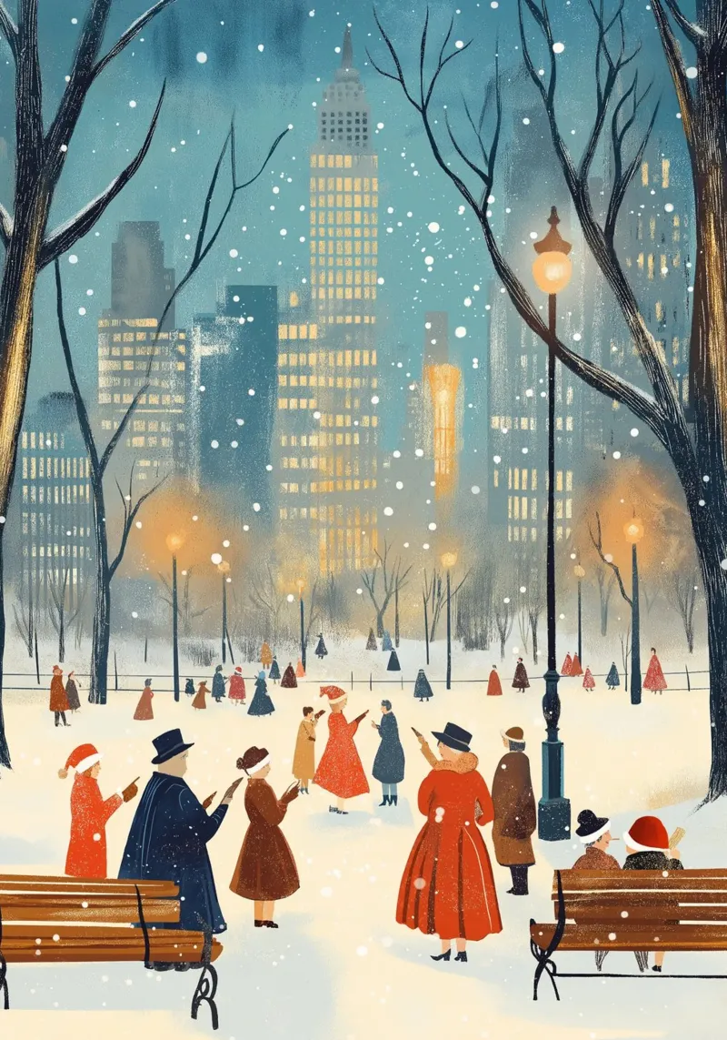 Promenade dans le parc d'hiver - Scène de neige festive dans le parc central de New York toile avec Caisse américaine de ClubArt