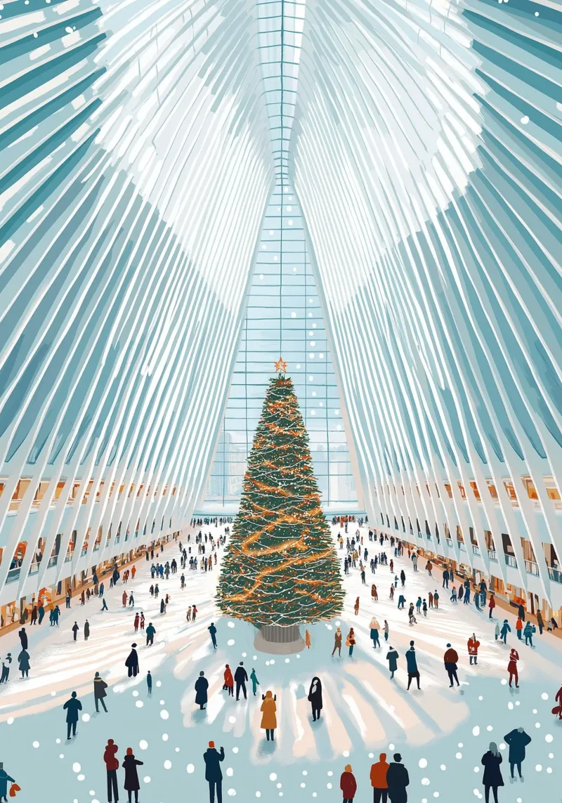 Albero di Natale di Oculus - Interni festosi di un punto di riferimento di New York poster con telaio in alluminio da ClubArt
