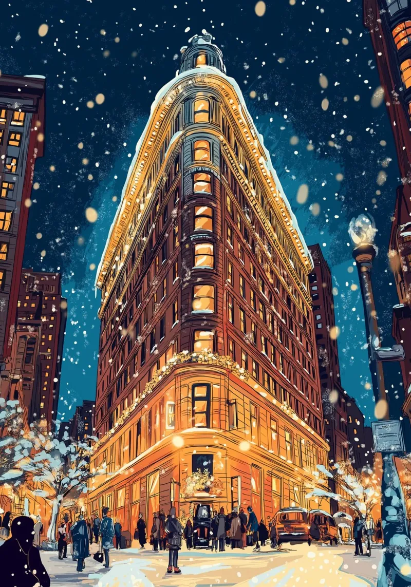 Flatiron Building innevato - Bagliore invernale del monumento di New York poster con telaio in plastica da ClubArt
