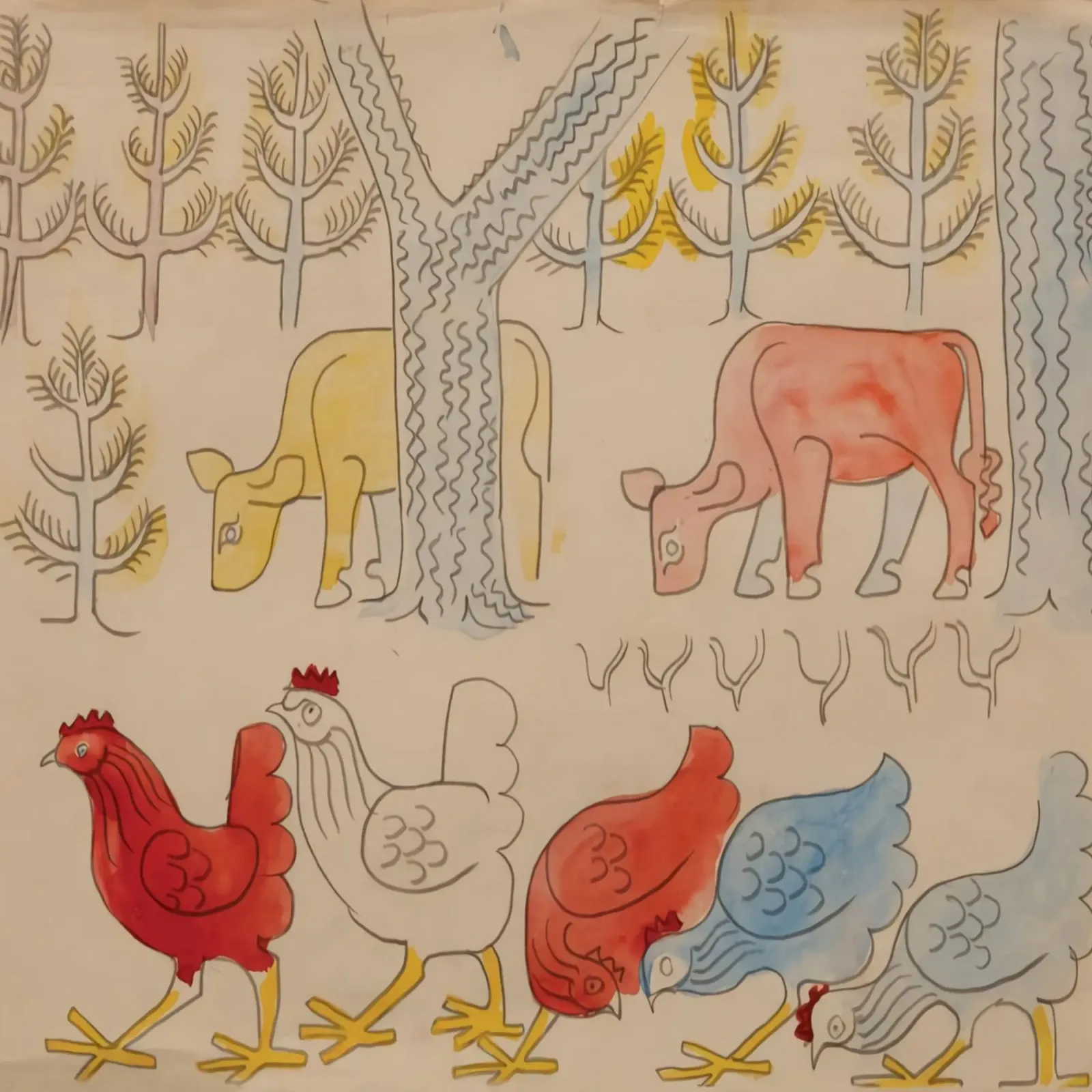 Cows and Roosters Under Trees canvas with Floater frame by Damian Jackson