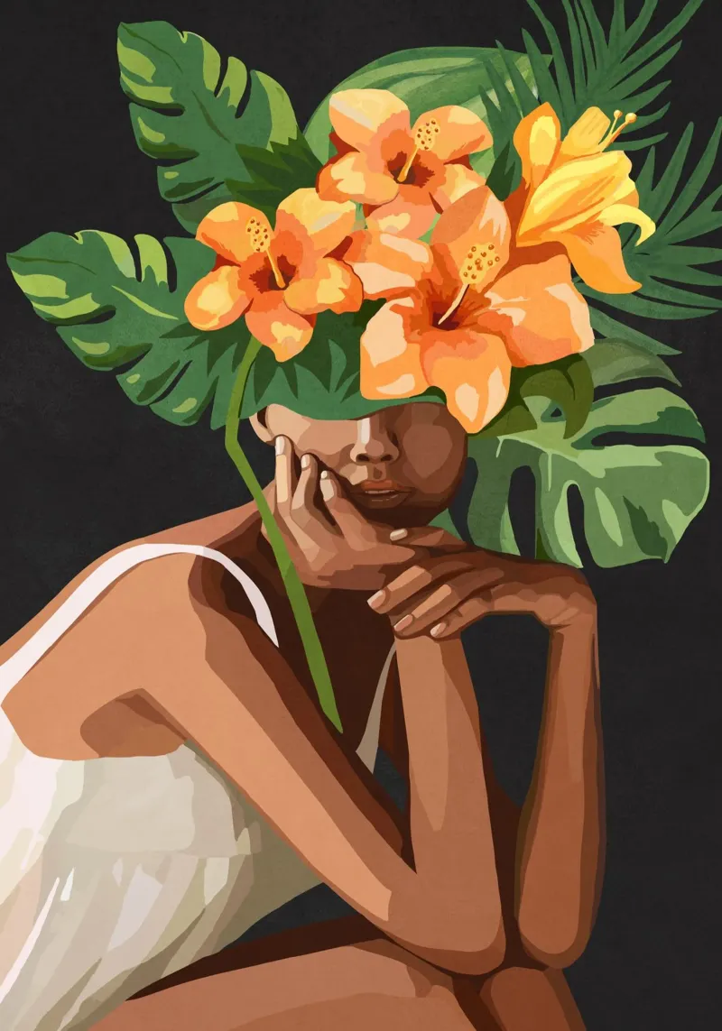 Woman with tropical flowers and leaves on the head poster con telaio in plastica da Nadjaa