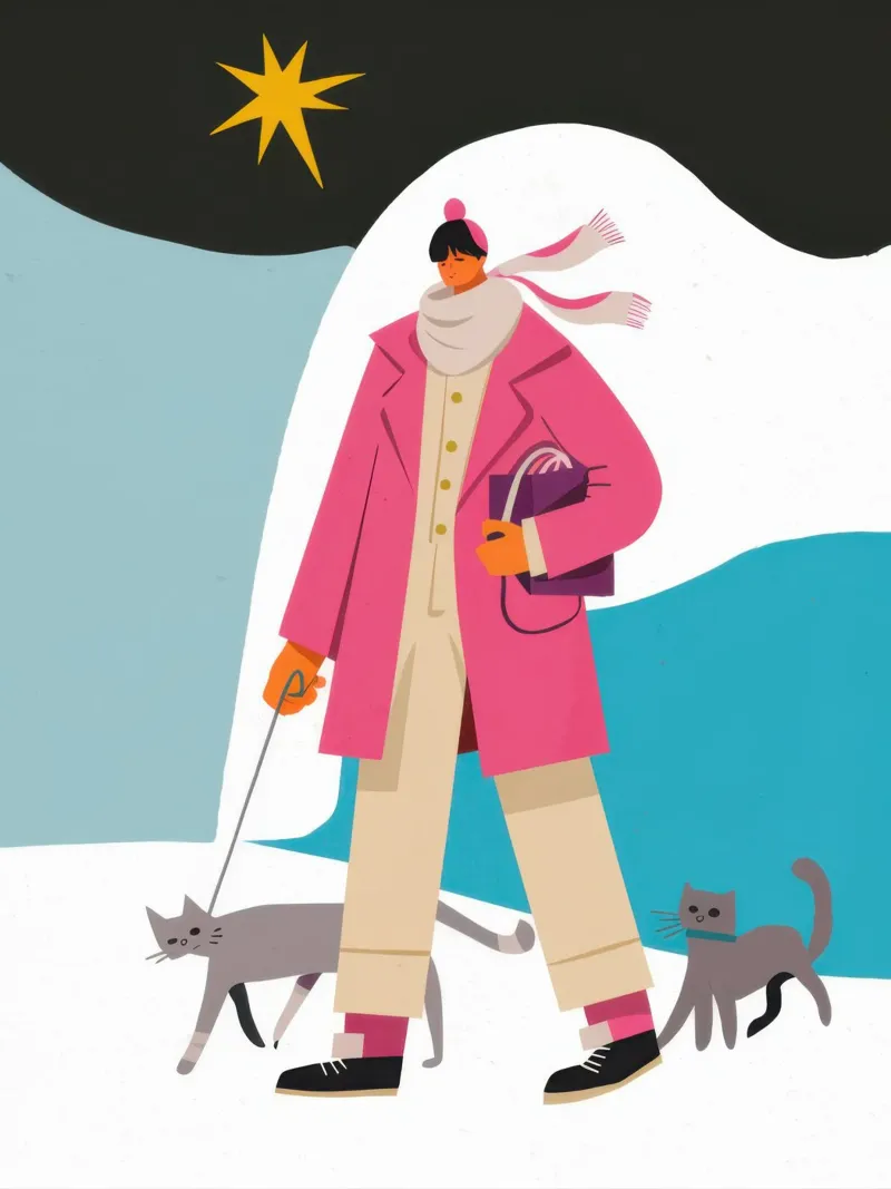 Passeggiata invernale felina poster con telaio in alluminio da Mossy Pigment
