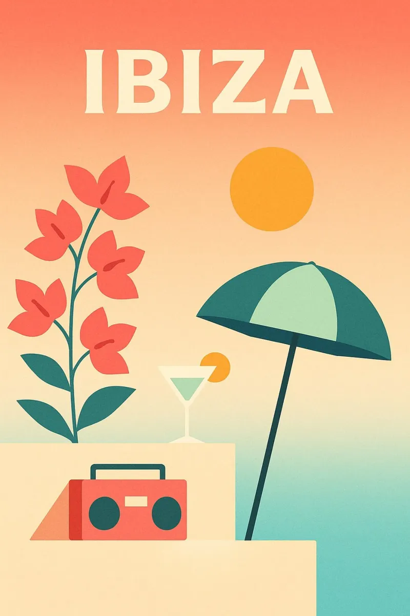IBIZA - Fiesta, sole e fiori estivi poster con telaio in plastica da JETLAG | affiches voyage