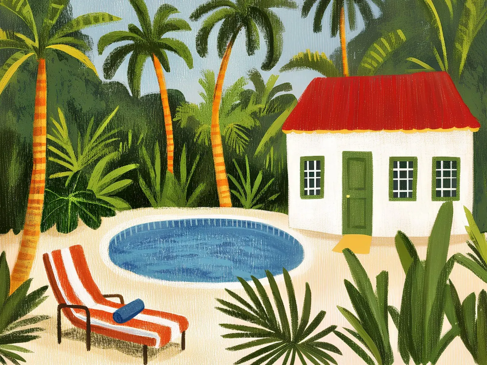 Bungalow with pool poster with aluminum frame by Curious Canvas
