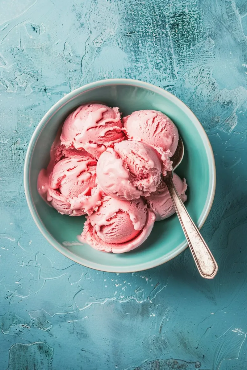 Strawberry Ice Cream Scoops in a Turquoise Bowl alluminio dibond da Mosaic Dialogue