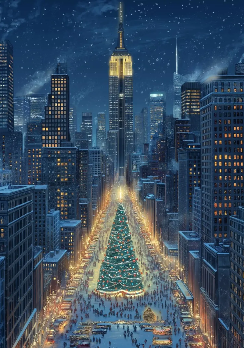 NYC Weihnachtsbaum: Empire State & Festliche Straßenszenen Kunst Poster mit Holzrahmen von ClubArt