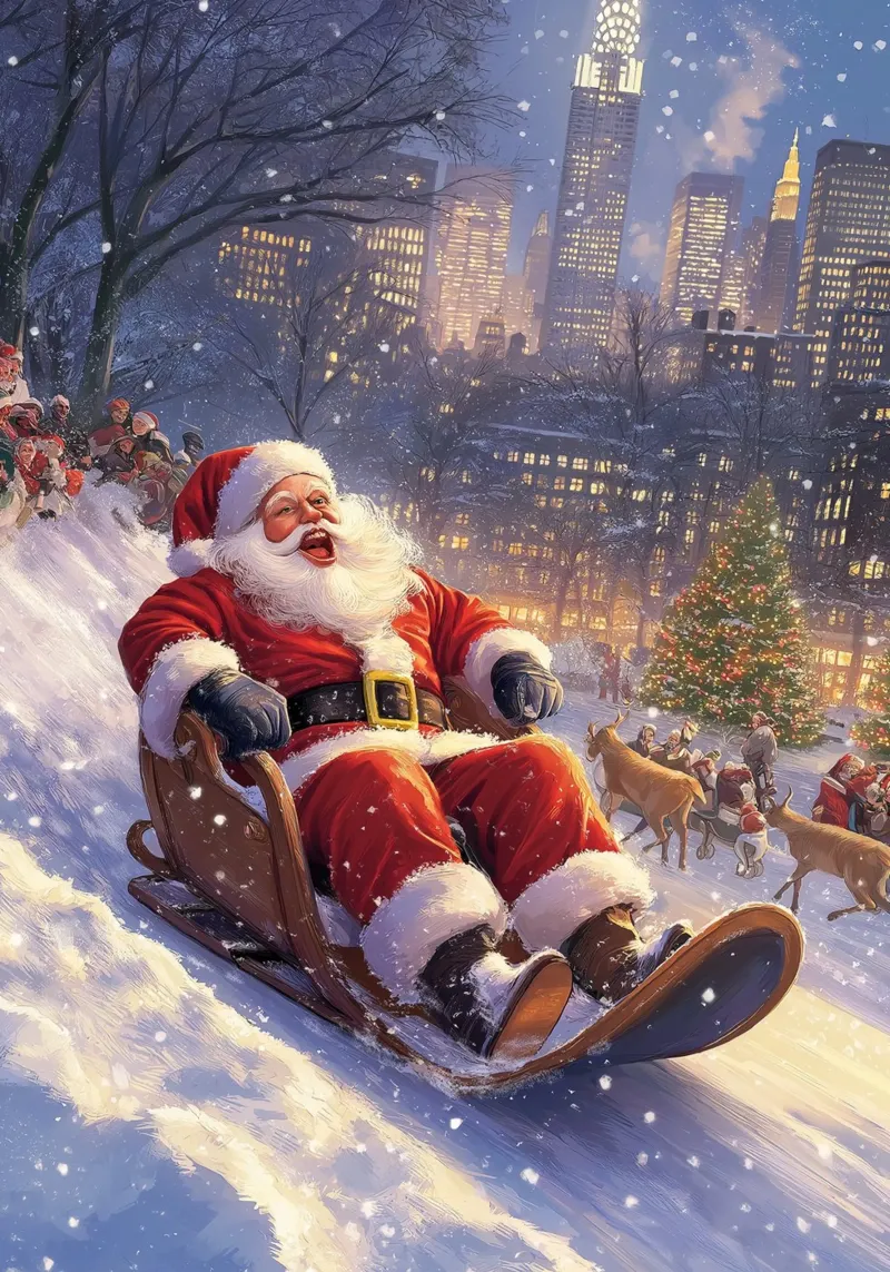 Kerstman sleeën in NYC: Kerst stedelijk wonderland kunst canvas met Baklijst van ClubArt