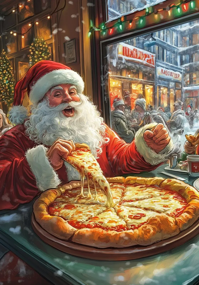 Kerstman eet pizza: Kerstmis Stedelijk Genot Kunstdruk canvas van ClubArt