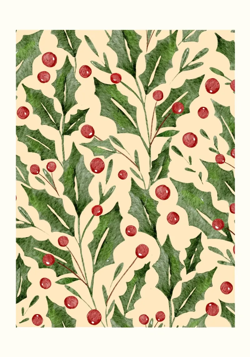 Feestelijk Hulstpatroon: Aquarel Kerst Botanische Print hahnemühle van ClubArt