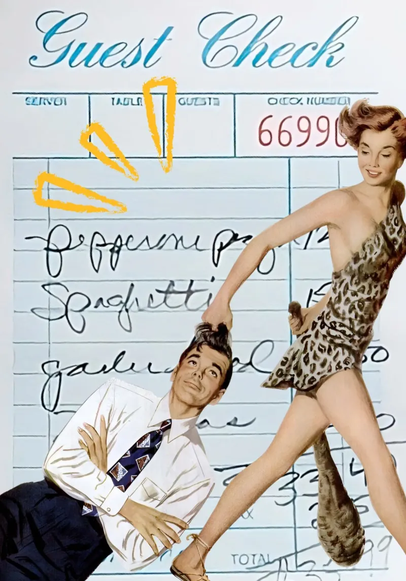 Arte pop: Leopard Pin-up Pulls Man on Guest Check lámina retroiluminada de ClubArt