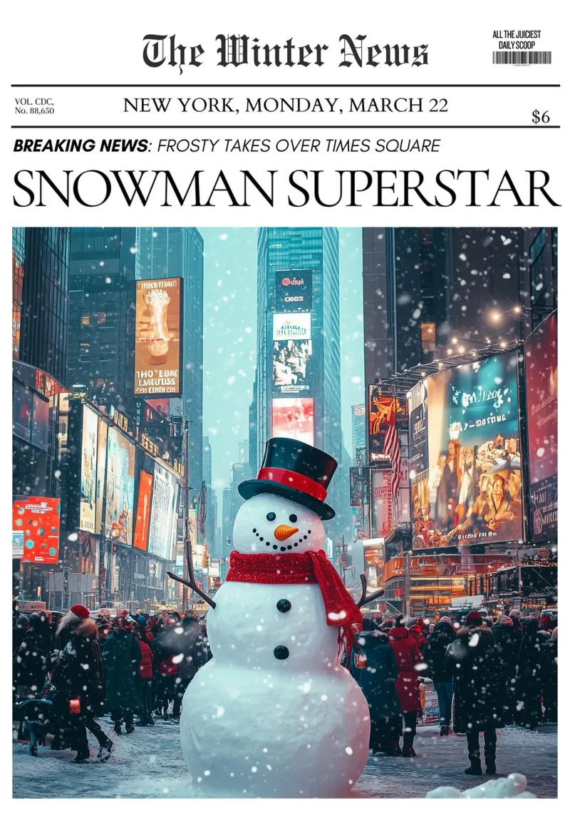 Pupazzo di neve di Times Square: Stampa d'arte di notizie invernali su NYC poster con telaio in plastica da ClubArt