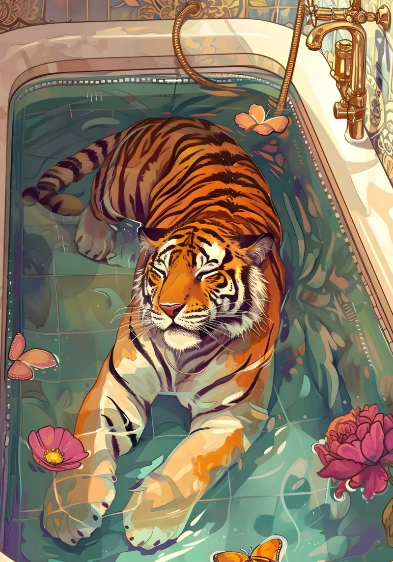 Tiger Bath Time: Serene Maximalist Dream Art hahnemühle by homdeco