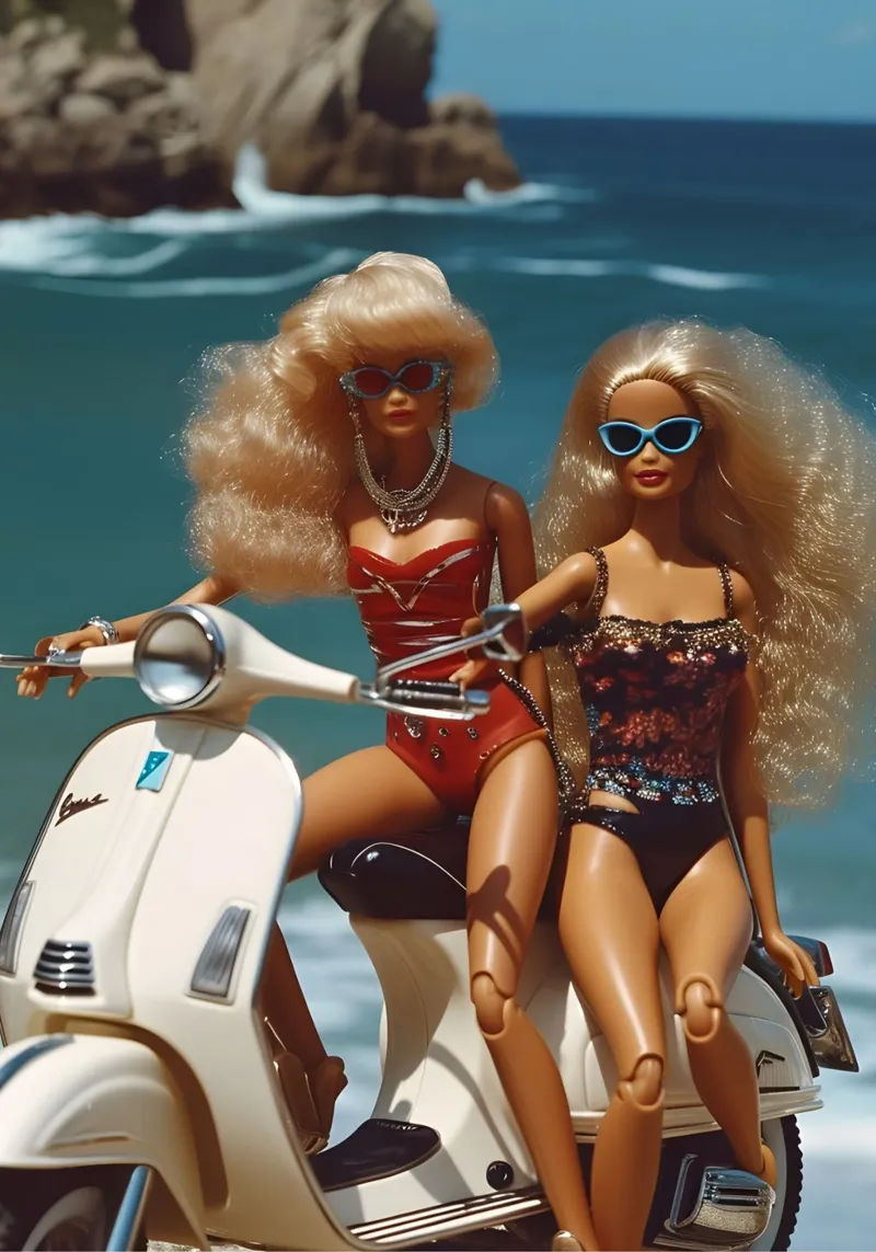 Bambine da spiaggia retrò: Bambole su scooter Summer Vibes pellicola backlit da homdeco